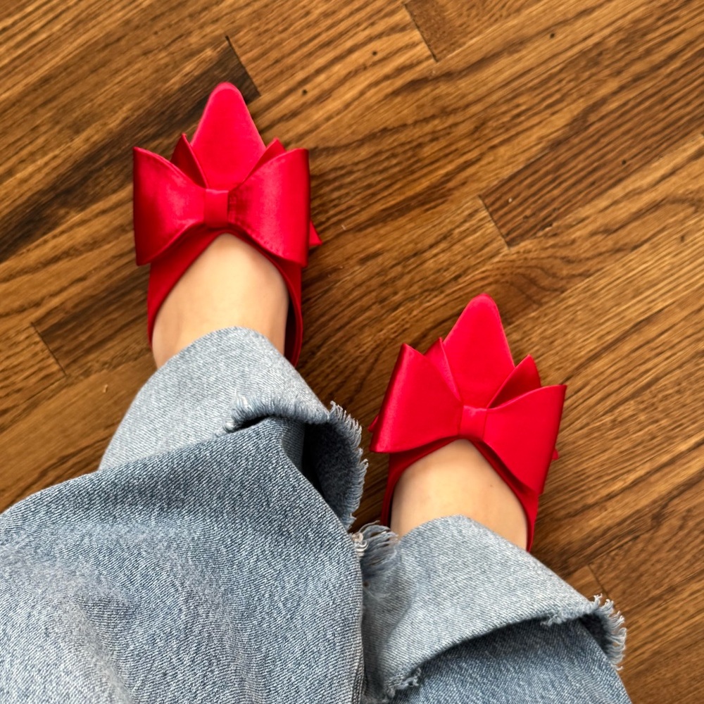 BAMBOO Womens Red Pointed Toe Bow Tie Slingback Flats